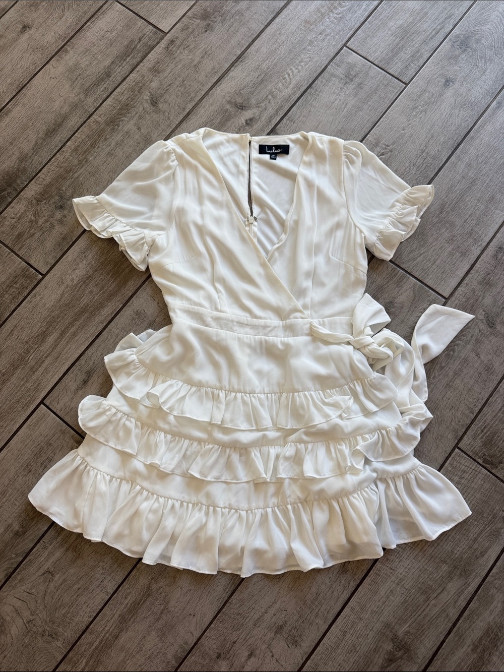 Lulu's Ivory white side tie ruffle Mini Dress